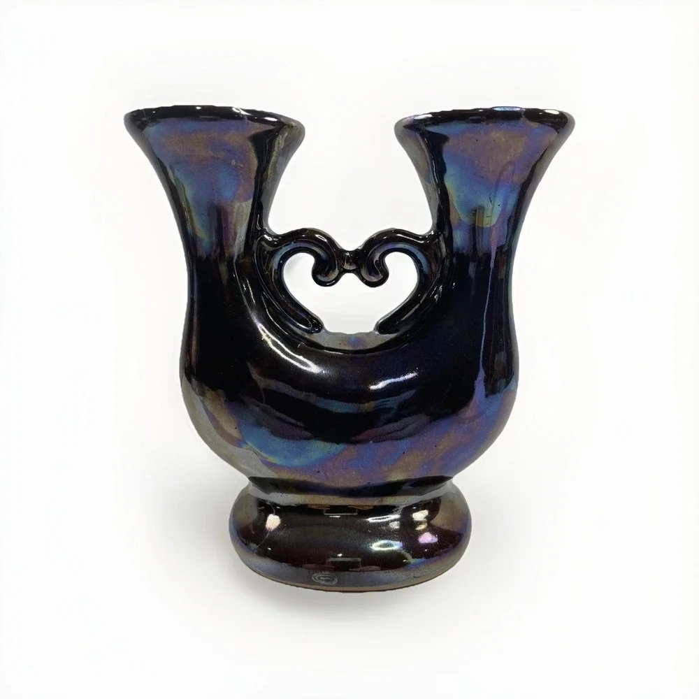 Vintage Double Iridescent Faience Candle Holder 1970s Made In Poland